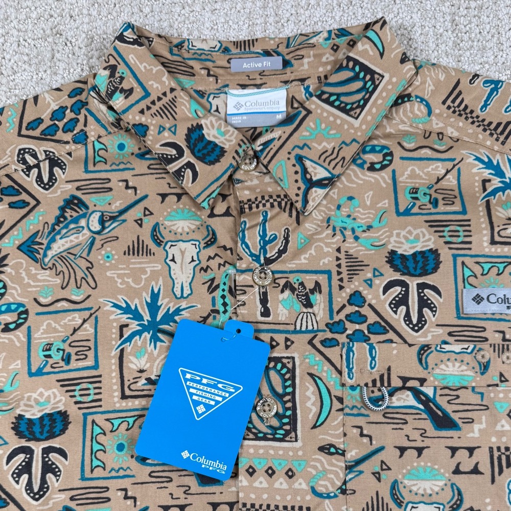 NEW Columbia Mens Medium Brown Wild Cast PFG Active Fit Short Sleeve Camp Shirt